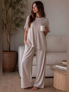 Neutral Ribbed Lounge Set L Beige Soft Knit Matching Set Casual Chic